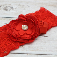 Serre-tête en dentelle extensible vintage avec fleur en satin et perles, accessoires pour cheveux, bandeaux en dentelle pour femmes et filles