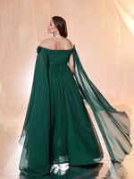 Robe de soirée pour femme, couleur unie, épaules dénudées, manches flottantes, design floral tridimensionnel, ourlet plissé, coupe trapèze