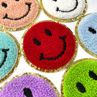 Patch brodé personnalisé à bordure dorée, patch en chenille auto-adhésif motif Smiley pour sacs et vêtements DIY