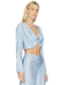 Women's Vintage Light Blue Polka Dot Print Twist Front V-Neck Short Crop Top Midi <b>Skirt</b> Matching Set - Product Image 2