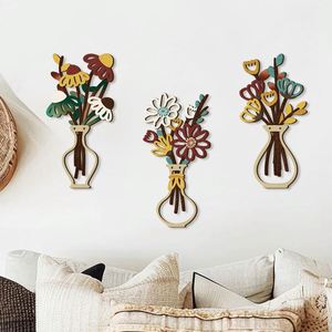 Decoración de Pared de Madera Estilo Bohemio Pastoral Personalizada de Fábrica con Jarrón con Patrón Floral, Adornos Artísticos para Colgar en la Pared para Sala de Estar - Product Image 2