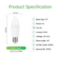 9W E27 LED-Kerzenlampe vom Hersteller, 810Lm CRI80 160° Abstrahlwinkel, 650C Glühfaden, Kunststoffummanteltes Aluminium PC 100-265V