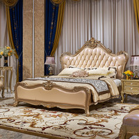 Lit double avec cadre en bois massif de chêne de style européen, coffre de rangement haut et revêtement en cuir de vachette, pour chambre principale de villa de luxe