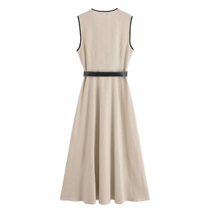 2025 nouveau design élégant décontracté pour femmes avec style européen et américain, ceinture, robe sans manches flûte en lin - Product Image 2