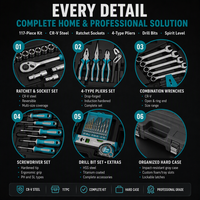 Kit d'outils complet de 117 pièces avec coffret rigide, jeu de douilles à cliquet, clé combinée, tournevis, pinces en chrome vanadium, clé hexagonale