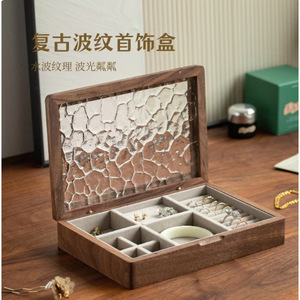 Solid wood and glass dustproof flip-top gold jewelry <b>storage</b> box for necklaces, bracelets, and <b>rings</b>; wooden jewelry <b>storage</b> - Product Image 5