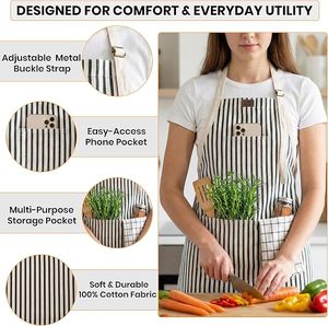 Tablier en toile réutilisable avec poches, tablier de travail réglable à rayures personnalisées pour hommes et femmes, idéal pour la cuisine, la pâtisserie et le jardinage - Product Image 4