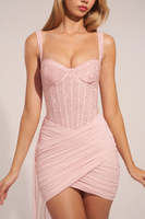 Robe de soirée formelle 2026 coupe trapèze avec corset, décolleté cœur, bretelles spaghetti, dentelle unie, froncée, mini-jupe portefeuille et longue traîne en mousseline