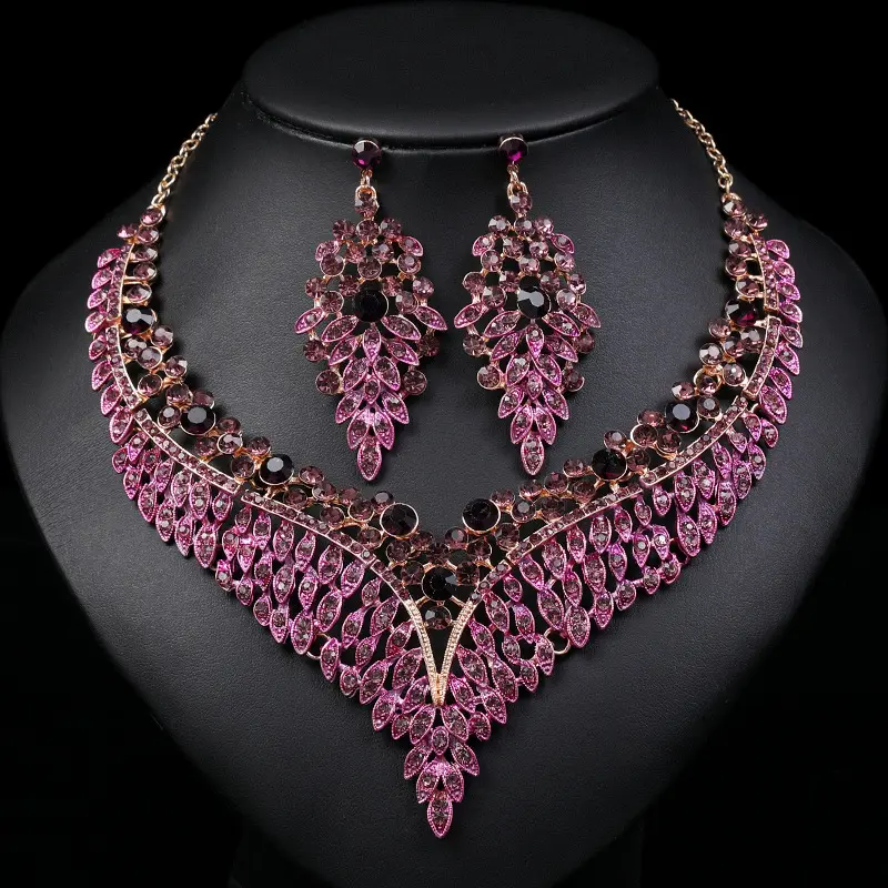 Exaggerated vintage necklace earrings set exquisite design banquet colorful indian jewelry set wholesale