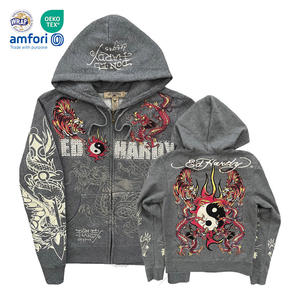 Felpa con Cappuccio da Uomo Full Zip di Alta Qualità con Ricamo Grafico, in Pile Pesante Grigio, Stile <span class=keywords><strong>Rock</strong></span> Y2K Vintage Unisex - Product Image 1