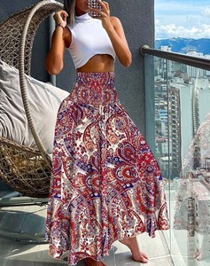 Women Maxi <b>Skirt</b> High Waist Wide <b>Elastic</b> Waist A-Line Retro Printed <b>Skirt</b> Summer Loose Fit Long <b>Skirt</b> - Product Image 2