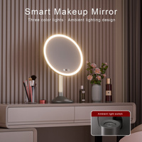 Miroir de maquillage rond éclairé rechargeable avec écran LCD tactile, lumière tricolore et éclairage d'ambiance