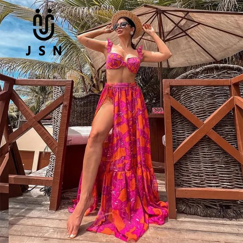 JSN Fashion print swimwear long skirts high waist bathing suits long sleeve swimsuit for women