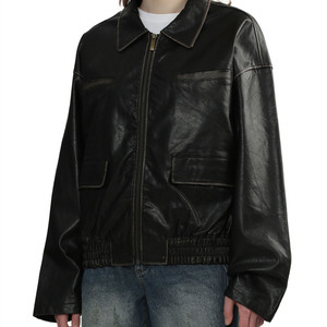 OEM High Quality Long Sleeve Crackled Leather Round Neck Zip <strong>Fly</strong> <strong>Men</strong> <strong>Jacket</strong> - Product Image 3