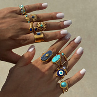 Bague QISEN vintage en pierre naturelle, plaquée or PVD, en acier inoxydable, style rétro, épaisse et audacieuse, avec turquoise, pour femme