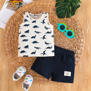 ชุดเสื้อกล้ามกางเกงขาสั้นสองชิ้นลายไดโนเสาร์สำหรับเด็กผู้ชายอายุ 1-2 ปี เสื้อผ้าลำลองสำหรับเด็กเล็กช่วงฤดูร้อนใหม่ - Product Image 1