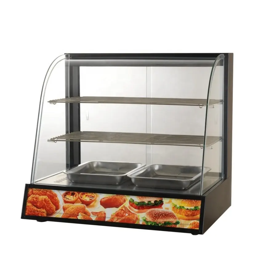 2 Pan 66cm Length Curved Glass Warming Showcase Hot Food Glass Display Cabinet Back sliding door