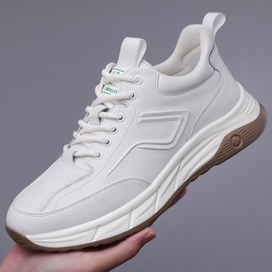 <b>White</b> Men's Casual Sneakers <b>Lace</b>-Up Sporty Leather Shoes Solid Color Fashionable For Leisure Wenzhou Zhejiang - Product Image 1