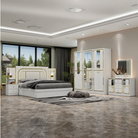 DAVINI Ensemble de meubles de chambre à coucher modernes pour villa et hôtel, grand lit king size, tête de lit éclairée avec rangement, 5+ tiroirs, laque beige brillante