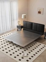 Nouvelle Arrivée Lit Double Moderne Minimaliste avec Sommier Flottant à Base Élevée Sans Colle, Deux Coussins de Tête de Lit, en Cuir Véritable, Lit Principal
