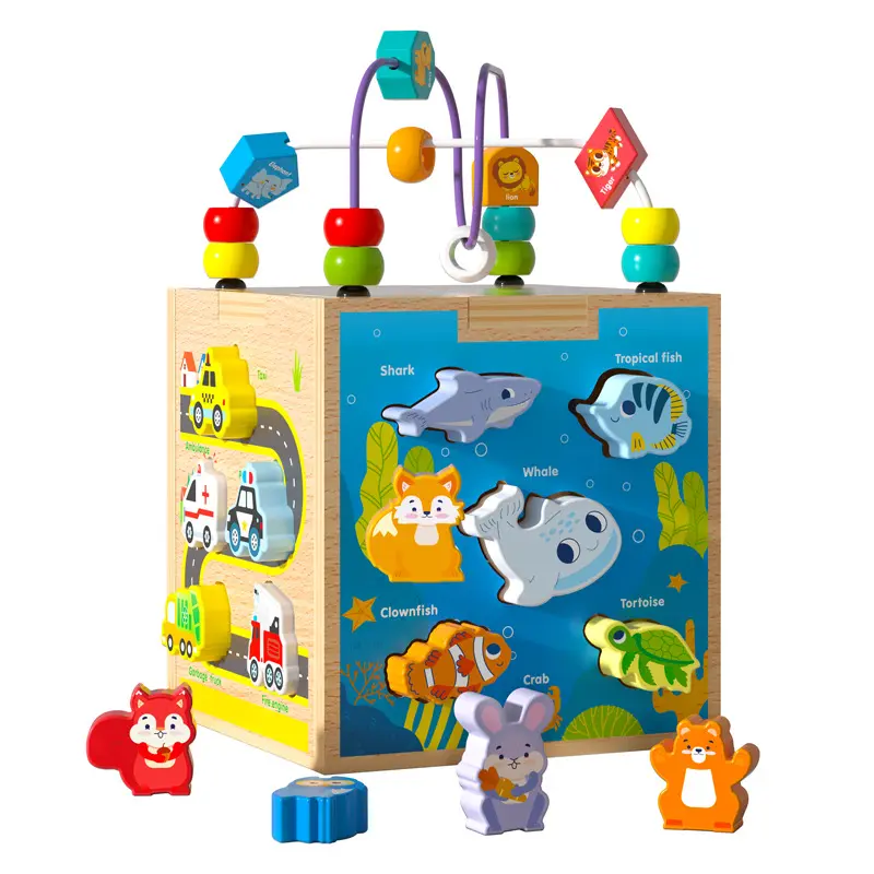 木製海動物多機能ビーズ宝箱箱赤ちゃんの形マッチング交通認知インテリジェンスボックスおもちゃ