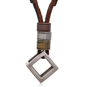 Corrente de cabo de couro genuíno, joias vintage, oco, quadrado, pingente, colar masculino, charme, bronze, antigo, tamanho ajustável