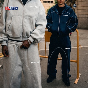 Stitched Piping Two Piece <strong>Tracksuits</strong> Set Custom Heavyweight Fleece Hoodie Streetwear Zip Up Hoodie And Baggy Track Pants Men - Product Image 2