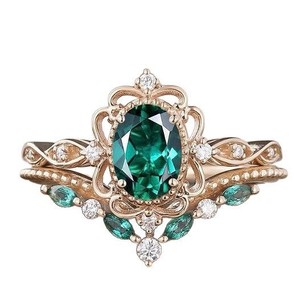 Anello Vintage con Pietra Ovale Color Smeraldo, Set di Anelli Impilabili con Motivo a Vite Intrecciata per Donne - Product Image 1