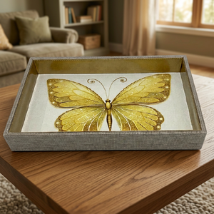 Plateau rectangulaire en similicuir avec cadre de rangement décoratif papillon Meena pour bureau - Product Image 2