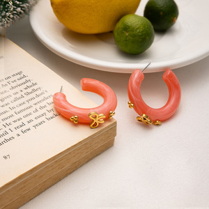 Hoop Earrings Resin Coral Color Gold Bowknot Design Stainless Steel Post Fashion Jewelry - Product Image 4