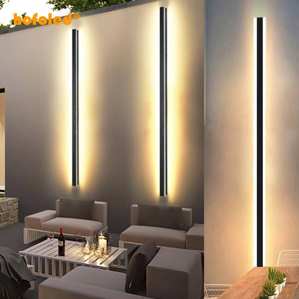 Hofoled 110V 220V Modern Outdoor Exterior Linear Strip Wall Lamp 3000K Warm White Garden Sconce Long LED Wall Light