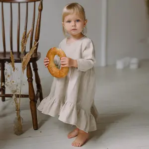 Vestido de princesa de algodón y lino para niñas, novedad de otoño 2024, vestidos de lino con volantes de manga larga y cuello redondo para niños, ropa para bebés y niños
