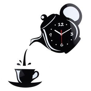 Horloge murale créative 3D en acrylique en forme de tasse à café et théière, horloge numérique DIY, autocollant mural, décoration pour cuisine, salon, salle à manger - Product Image 1
