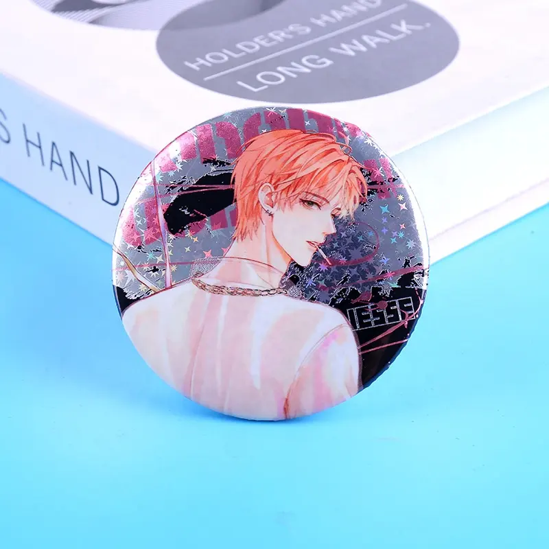 Wholesale Custom 58mm Round Shape Blank Tinplate Material Button Badge Holographic Glitter Anime Round Button Pin Badges