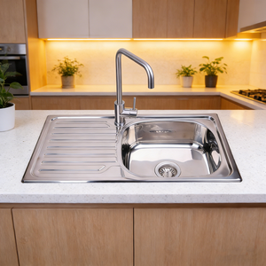 Wastafel Dapur Modern Ukuran Sesuai Pesanan Single Bowl dari Baja Anti Karat 304 dengan Rak Pengering dan Keran - Product Image 1