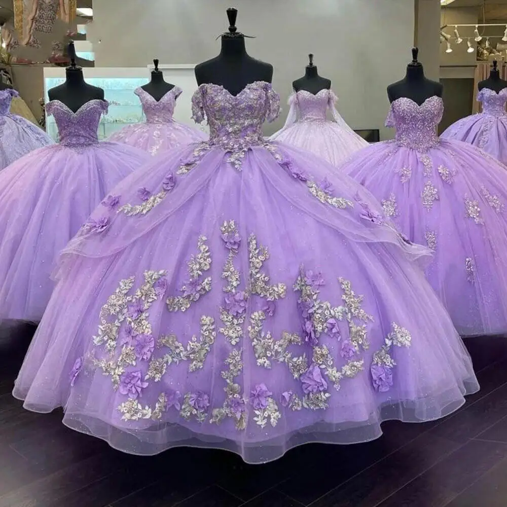 Off Shoulder Purple Princess Quinceanera Dresses Puffy 3D Lace Applique Sweet 15 16 Ball Gown Dresses