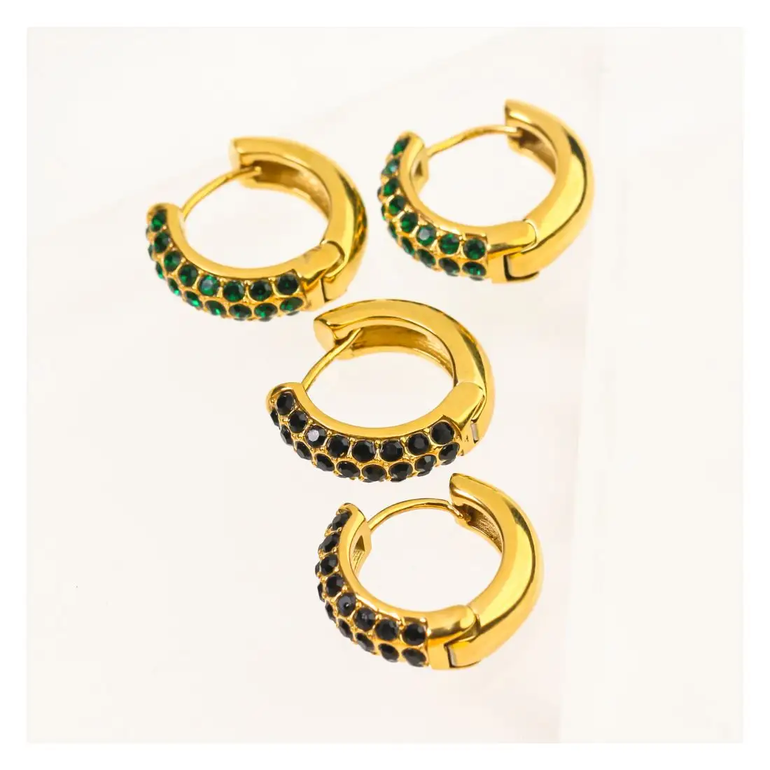 Free Sample Stainless Steel Gold Plated Crystal Earring Jewelry Black Green Cubic Zirconia Hoop Earrings