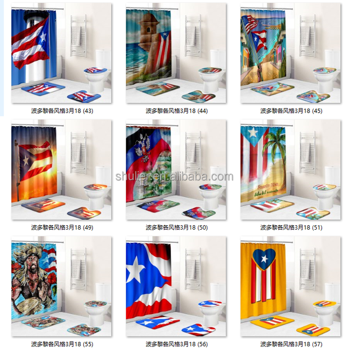 Custom Design Puerto Rico Flag Waterproof Shower Curtain With NonSlip