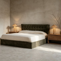 Lit capitonné de luxe en velours vert foncé avec rangement, cadre de lit King Size, fournisseur de meubles de chambre à coucher