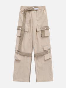 Pantalon cargo beige taille haute élastique respirant mi-lourd coupe droite jambe large multi-poches décontracté streetwear - Product Image 1