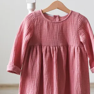 Girls Boutique Clothing Cotton Gauze Dresses Customized Spring Pink Muslin Dresses