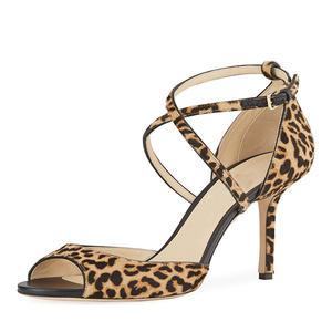 Sandalias de tacón alto con estampado de leopardo, correa cruzada en el tobillo y punta abierta para mujer, ideales para vestidos de noche. - Product Image 1
