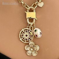 NM52436 Plaqué Or Rolo Chaîne Fermoir Perle Roue Fleur Coeur Forme CZ Micro Pave Charme Pendentif Collier Bijoux Cadeau