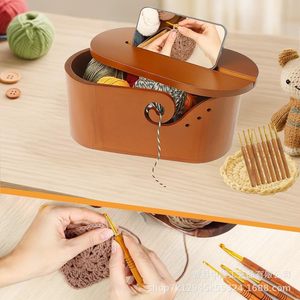 <b>Vintage</b>-colored hand-knitted yarn storage bowl, wooden knitted yarn ball storage <b>box</b> with lid, oval yarn bowl - Product Image 2