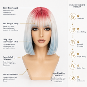 Perruque <span class=keywords><strong>Courte</strong></span> Droite Bob Réglable en Fibre Haute Température avec Frange Rose Blanc Bleu Résistante à la Chaleur Effet Naturel – Vente en Gros - Product Image 3
