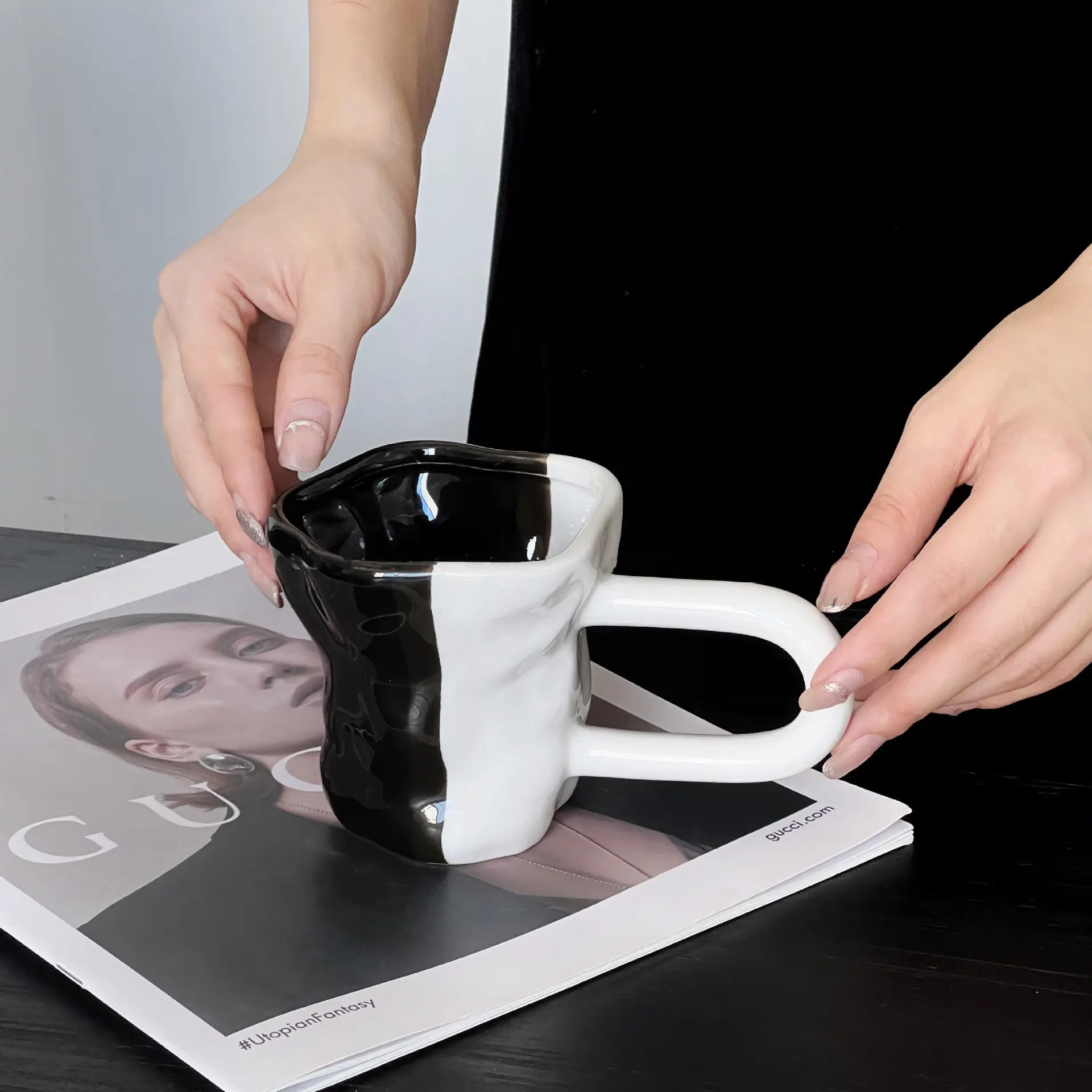 Irregular half black and half white color contrasting cups ceramic coffee water mugs