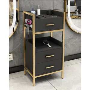 Kisen factory beauty spa nail salon furniture equipment plywood MDF white with gold metal trolley cart with drawer for sale
