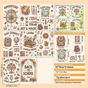 Lot d'autocollants éducatifs vintage pour fenêtres - Décorations en verre sur le thème « Retour à l'école » et « Art & Magie » avec <span class=keywords><strong>boussole</strong></span>, livres et nature M - Product Image 5