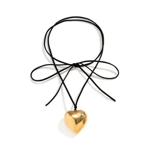 Gilr Women Fashion Big Puffy Heart Shape Pendant Adjustable Weave Knotted Cord Long Wrap Tie Choker String Necklace Jewelry