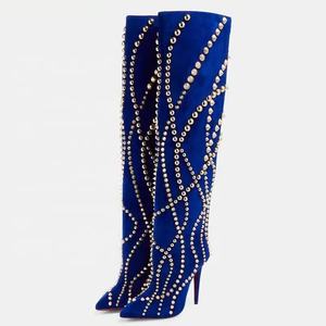 Royal Blue Rivets Mujeres Suede Botas hasta la rodilla Fino Tacón alto Punta estrecha Zapatos de vestir Señoras Stiletto Botines largos - Product Image 3